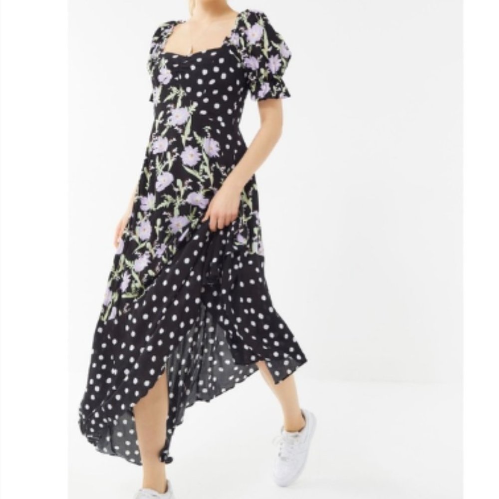 UO Margarete Floral Polka Dot Mixed Print Puff Shoulder Asymmetric Maxi Dress XL